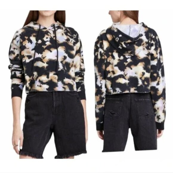 🍉 NWT Wild Fable Black Tie Dye Cropped Hoodie Raw Edge Hem - Picture 1 of 12